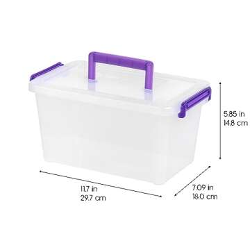 IRIS USA 5.4 Qt. Plastic Storage Bins with Lids, 6 Pack, Small Deep Containers with Latch Buckles and Portable Handle, Craft and Art Supply Storage Organizer, Stackable Storage Container, Clear/Violet
