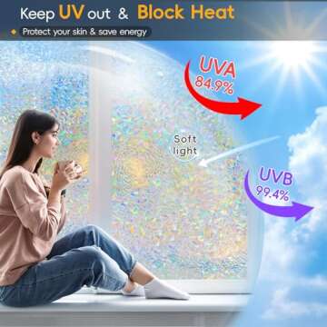 Rainbow Window Privacy Film Decorative, Stained Glass Window Tint for Home, 3D Decals Window Clings for Glass Windows, Static Cling Window Sticker, Suncatcher Window Cover, 17.5 Inch x 157.4 Inch