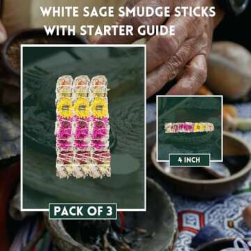 Ancient Veda Joy Organic White Sage Smudge Sticks with Flowers for Cleansing Home, Meditation, Yoga,...