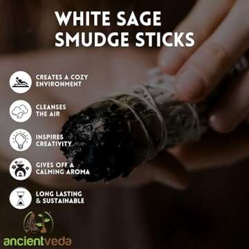 Ancient Veda Joy Organic White Sage Smudge Sticks with Flowers for Cleansing Home, Meditation, Yoga, Healing and Smudging | Sustainably Sourced California White Sage Bundles (3 Pack - 4 Inch)