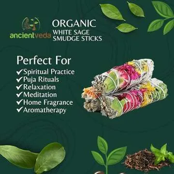 Ancient Veda Joy Organic White Sage Smudge Sticks with Flowers for Cleansing Home, Meditation, Yoga, Healing and Smudging | Sustainably Sourced California White Sage Bundles (3 Pack - 4 Inch)