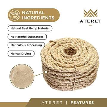 ATERET 3/8 Inch by 100-Feet Sisal Rope I Natural Fiber Twisted Sisal Rope I Multipurpose, Lightweigh...
