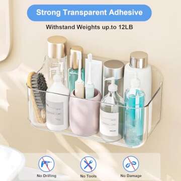 Diesisa Acrylic Wall Mount Organizer, Self Adhesive Organizer for Wall, Shower Caddies Organizer, Adhesive Shelf with Self Adhesive Tape, for Bathroom, Kitchen, Inside of Cabinet Door