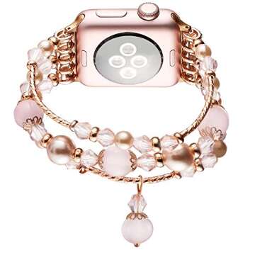 Suppeak Band Compatible with Apple Watch 38mm 40mm 41mm, Women Elastic Handmade Pearl Bracelet Replacement for Series SE 7 6 5 4 3 2 1, Pink