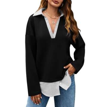 Tankaneo Womens Long Sleeve Polo Shirts Striped Patchwork Collared V Neck Sweatshirts Casual Loose Fit Tops Black