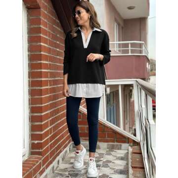 Tankaneo Womens Long Sleeve Polo Shirts Striped Patchwork Collared V Neck Sweatshirts Casual Loose Fit Tops Black