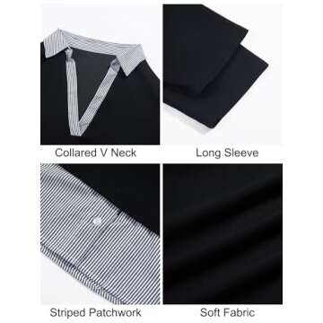Tankaneo Womens Long Sleeve Polo Shirts Striped Patchwork Collared V Neck Sweatshirts Casual Loose Fit Tops Black