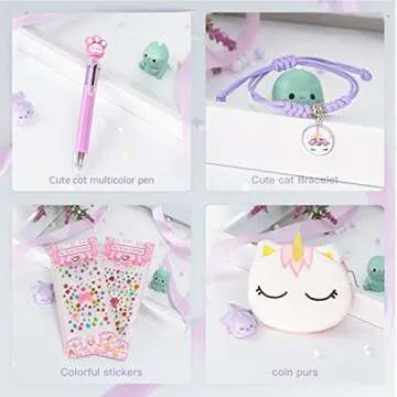 Sicbanna Cat Diary for Girls with lock and keys, Kids Journal School Travel Notebook Gift Set for Writing and Drawing, Secret Diary with Multicolored Pen Stickers Purse Bracelet