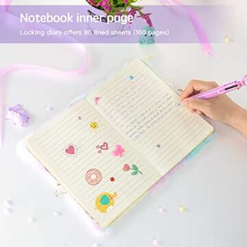 Sicbanna Cat Diary for Girls with lock and keys, Kids Journal School Travel Notebook Gift Set for Writing and Drawing, Secret Diary with Multicolored Pen Stickers Purse Bracelet