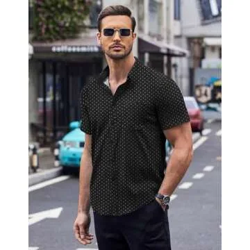 COOFANDY Men's Short Sleeve Dress Shirts Wrinkle Free Polka Dot Print Shirt Casual Button Down Shirts with Pocket Black