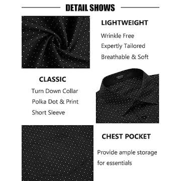COOFANDY Men's Short Sleeve Dress Shirts Wrinkle Free Polka Dot Print Shirt Casual Button Down Shirts with Pocket Black