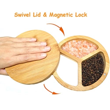 JUSTEMI Bamboo Salt and Pepper Box with Spoon and Lid