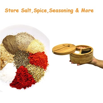 JUSTEMI Bamboo Salt and Pepper Box with Spoon and Lid