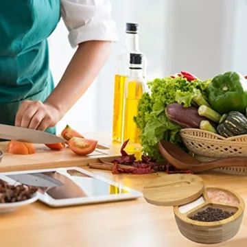 JUSTEMI Bamboo Salt and Pepper Box with Spoon and Lid