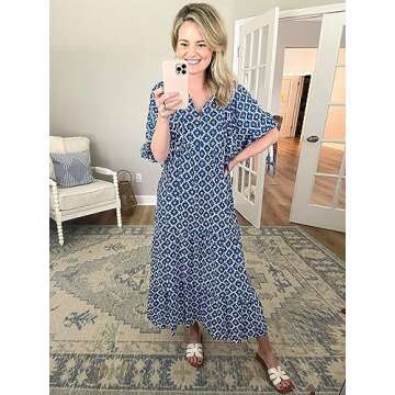 miduo Womens Dresses Fashion Loose Casual Summer V Neck Half Sleeve Pattern Bohemian Style Maxi Long Floor Dresses M