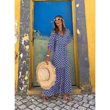 miduo Womens Dresses Fashion Loose Casual Summer V Neck Half Sleeve Pattern Bohemian Style Maxi Long Floor Dresses M