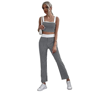 Milumia Women's Two Piece Outfit Houndstooth Plaid Crop Tank Top and Pants Set