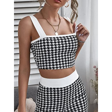 Milumia Women's Two Piece Outfit Houndstooth Plaid Crop Tank Top and Pants Set