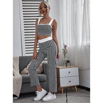 Milumia Women's Two Piece Outfit Houndstooth Plaid Crop Tank Top and Pants Set