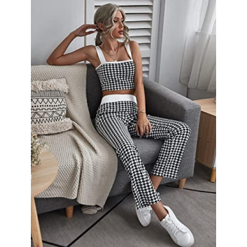Milumia Women's Two Piece Outfit Houndstooth Plaid Crop Tank Top and Pants Set
