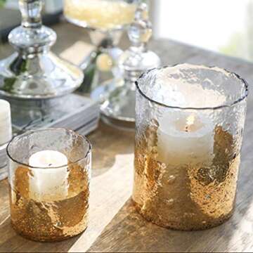 Cyl Home Hurricane Candleholders Hammered Clear Glass with Sparkler Golden Decor Dining Table Centerpieces Vases Gifts for Wedding Housewarming Christmas Party，6.9'' Height.