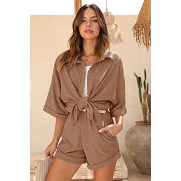 Ekouaer Waffle Knit Lounge Sets for Women Short Sleeve Pajamas Button Down Pjs Oversized Loungewear Shorts Set Brown