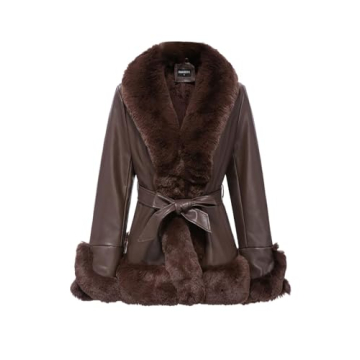 GRAN ORIENTE Faux Leather Jacket for Women with Faux Fur Collar Long Sleeve Fuzzy Parka Overcoat wit...