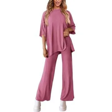 PRETTYGARDEN Women's 2 Piece Outfits Casual Short Sleeve Pullover Tops and Wide Leg Pants Lounge Sets Tracksuits (Pink,Small)