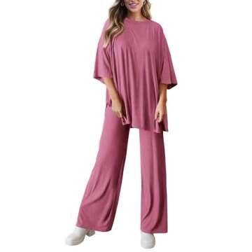 PRETTYGARDEN Women's 2 Piece Outfits Casual Short Sleeve Pullover Tops and Wide Leg Pants Lounge Sets Tracksuits (Pink,Small)