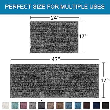 H.VERSAILTEX 2 Piece Bathroom Set Bathroom Rugs Bath Mats Sets Super Absorbent Chenille Striped Bath Mats Non Skid Machine Wash Dry Rugs for Bathroom Floor(Grey, 47 x 17 Plus 17 x 24 - Inches)