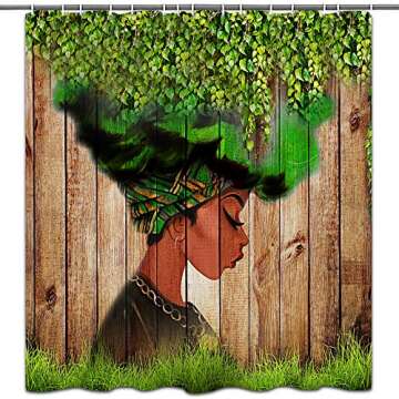 African Woman Shower Curtain Afro Black Art Green Leaves Women Watercolor Design Bathroom Accessorie...