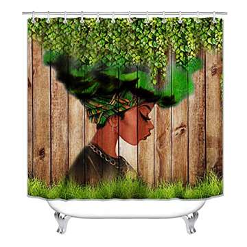 African Woman Shower Curtain Afro Black Art Green Leaves Women Watercolor Design Bathroom Accessories Waterproof,Machine Washable Bathtub Curtains with 12 Hooks 72" W x 72" L - Green Leaves Girl