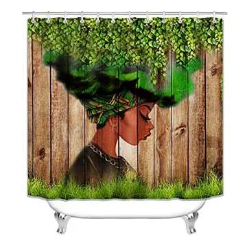 African Woman Shower Curtain Afro Black Art Green Leaves Women Watercolor Design Bathroom Accessories Waterproof,Machine Washable Bathtub Curtains with 12 Hooks 72" W x 72" L - Green Leaves Girl