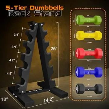 Fitness Republic Solid Steel Dumbbell Rack Holder, A-Frame Dumbbell Storage Racks, dumbbells tower for home gym exercise, Neoprene Dumbbells Pairs (3lb, 5lb, 8lb, 10lb, 12lb) with 5 Tier Rack Combo