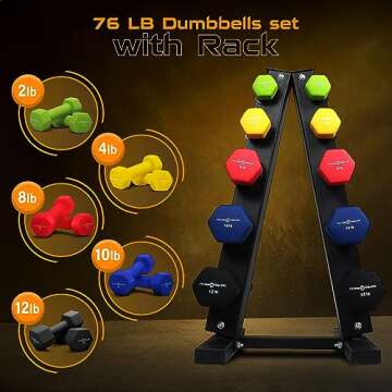 Fitness Republic Solid Steel Dumbbell Rack Holder, A-Frame Dumbbell Storage Racks, dumbbells tower for home gym exercise, Neoprene Dumbbells Pairs (3lb, 5lb, 8lb, 10lb, 12lb) with 5 Tier Rack Combo