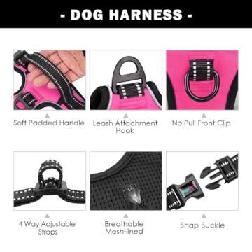 PHOEPET No Pull Dog Harness Medium Reflective Front Clip Vest with Handle,Adjustable 2 Metal Rings 3 Buckles,[Easy to Put on & Take Off](M, Pink)