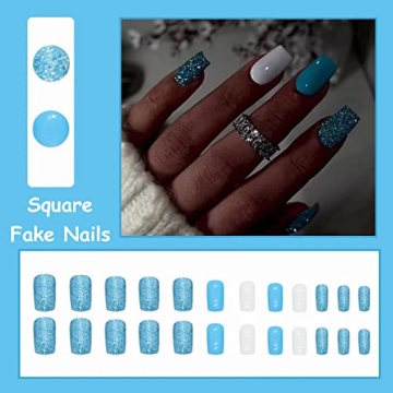 MISUD Short Square Press-On Nails 24 pcs with Glitter