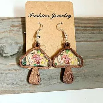 Vintage Boho Cow Head Dangle Drop Earrings Handmade Wooden Cattle Cow Animal Farm Country Earrings Ethnic Sunflower Print Western Style Jewelry for Women Gift (D mushroom)
