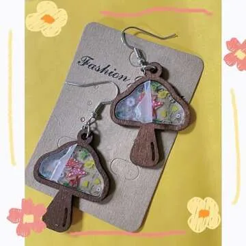 Vintage Boho Cow Head Dangle Drop Earrings Handmade Wooden Cattle Cow Animal Farm Country Earrings Ethnic Sunflower Print Western Style Jewelry for Women Gift (D mushroom)