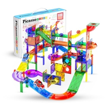 PicassoTiles 108pc 3-in-1 Marble Run Car Race Track Combo Magnetic Tiles PicassoToys Magnet Building...