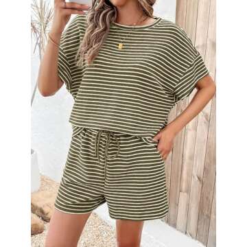 Tankaneo Womens Pajamas 2 Piece Lounge Sets Striped Short Sleeve T Shirts Drawstring Shorts Matching...