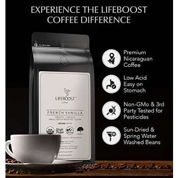 Lifeboost French Vanilla Ground Coffee - Non-GMO Low Acid Single Origin USDA Organic Coffee - Third Party Tested For Mycotoxins & Pesticides - 12 Ounces