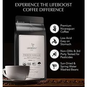 Lifeboost French Vanilla Ground Coffee - Non-GMO Low Acid Single Origin USDA Organic Coffee - Third Party Tested For Mycotoxins & Pesticides - 12 Ounces