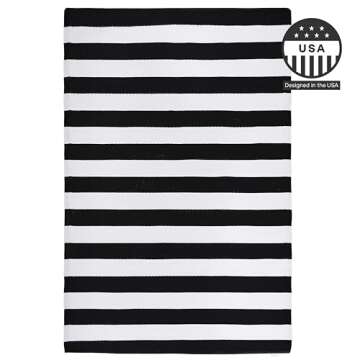 FH Home Outdoor Rug - Waterproof, Fade Resistant, Reversible - Premium Recycled Plastic - Striped - Porch, Deck, Balcony, Mudroom, Laundry Room, Patio - Brittany - Black & White Crease Free - 3 x 5 ft