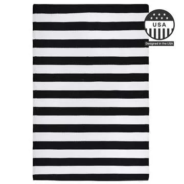 FH Home Outdoor Rug - Waterproof, Fade Resistant, Reversible - Premium Recycled Plastic - Striped - Porch, Deck, Balcony, Mudroom, Laundry Room, Patio - Brittany - Black & White Crease Free - 3 x 5 ft