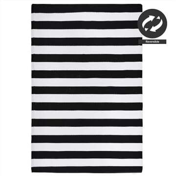 FH Home Outdoor Rug - Waterproof, Fade Resistant, Reversible - Premium Recycled Plastic - Striped - Porch, Deck, Balcony, Mudroom, Laundry Room, Patio - Brittany - Black & White Crease Free - 3 x 5 ft
