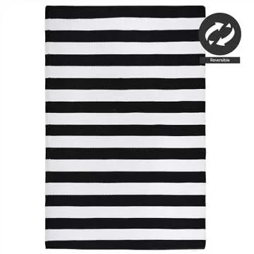 FH Home Outdoor Rug - Waterproof, Fade Resistant, Reversible - Premium Recycled Plastic - Striped - Porch, Deck, Balcony, Mudroom, Laundry Room, Patio - Brittany - Black & White Crease Free - 3 x 5 ft