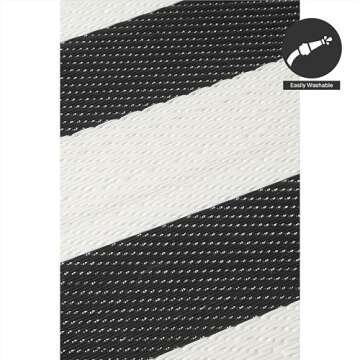 FH Home Outdoor Rug - Waterproof, Fade Resistant, Reversible - Premium Recycled Plastic - Striped - Porch, Deck, Balcony, Mudroom, Laundry Room, Patio - Brittany - Black & White Crease Free - 3 x 5 ft