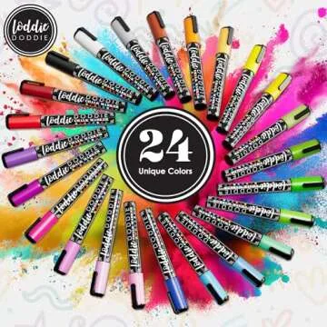 Loddie Doddie Liquid Chalk Markers (24-Pack) - Dust-Free Erasable Pens for Windows, Glass, Chalkboard & Blackboard - 6mm Reversible Bullet & Chisel Tip