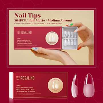 ROSALIND 504PCS Soft Almond Nails Full Cover Nail Tips, Half Matte Fake Nails with Box,Medium Almond Acrylic Fake Nail Tips for Nail Art Extension Nails 12 Size False Nail Tips DIY(One-Sided No File)